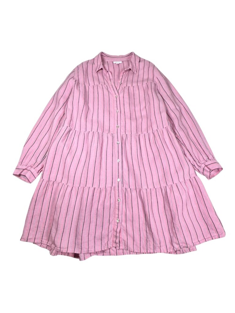J.Jill Love Linen 100% Linen Tiered Shirt Dress L Pink Striped Preppy Feminine